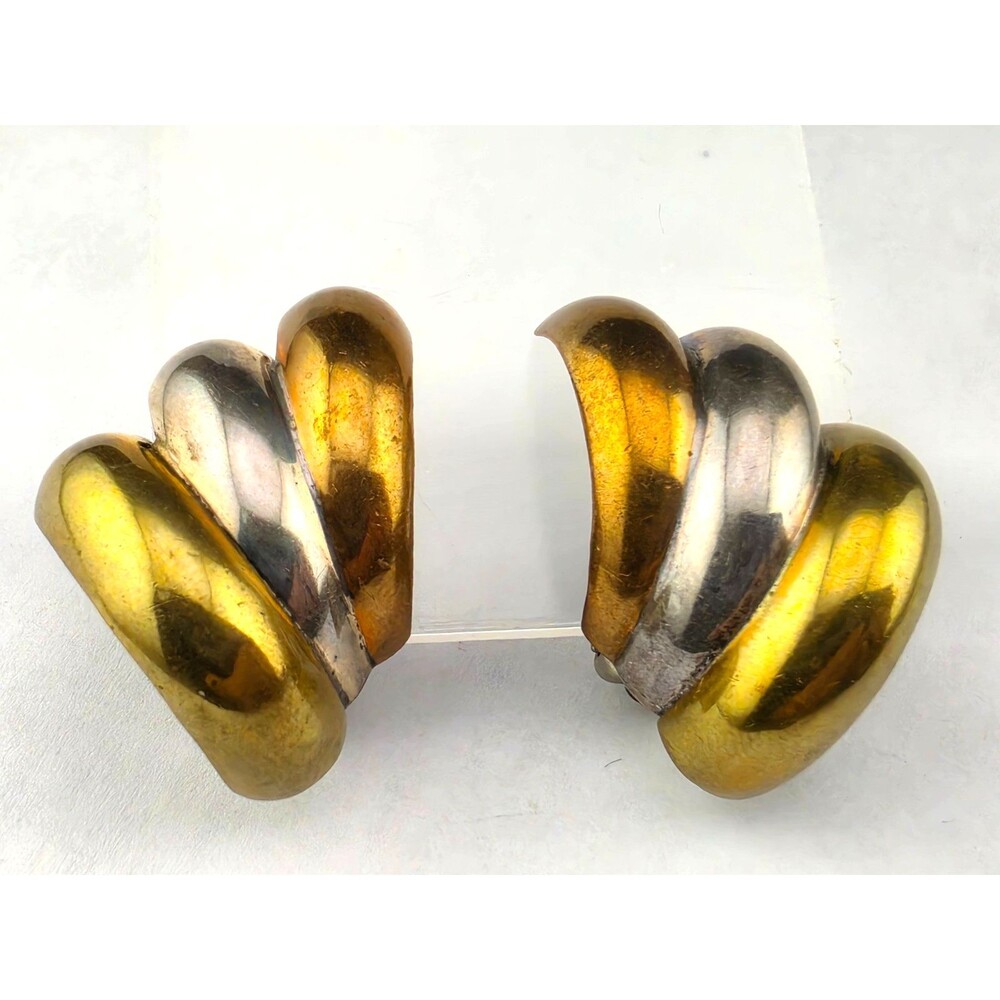 Artsy Vintage Brass Copper Nickel Silver Fan Clip Earrings 1.25"